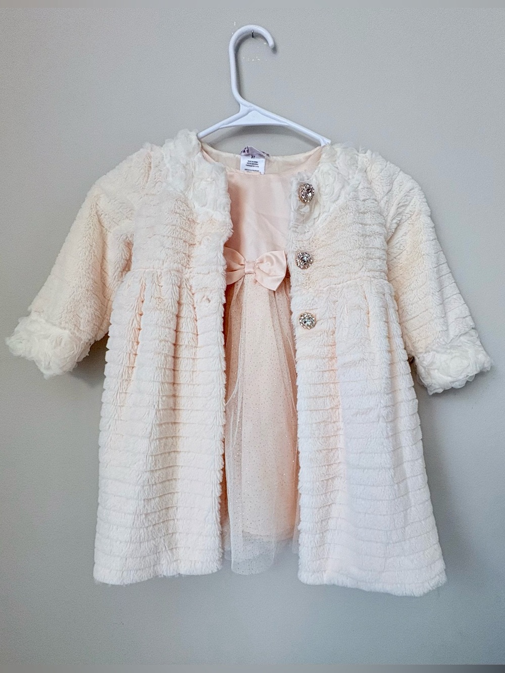 NWT Blueberi Boulevard Girls 2-Piece Ivory Faux Fur Coat & Tulle Party Dress Set